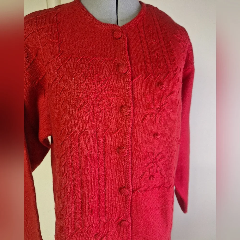 Korea 100% Wool Red Cardigan w/ Covered Buttons Size Small
